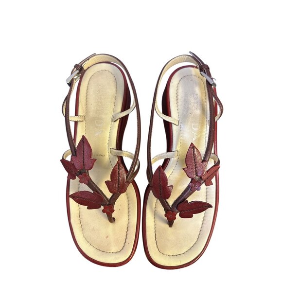 Prada Red & Beige Leather Floral Platform Sandals w/Adjustable Strap Size 5.5 - Picture 2 of 10